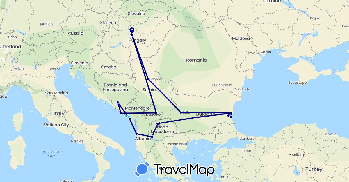 TravelMap itinerary: driving, boat in Albania, Bosnia and Herzegovina, Bulgaria, Croatia, Hungary, Montenegro, Macedonia, Serbia, Kosovo (Europe)